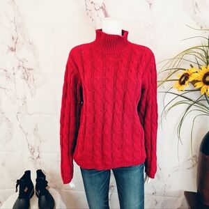 L.L.Bean Cable Knit Sweater Medium Red Cotton Turtleneck Chunky Cozy Valentine